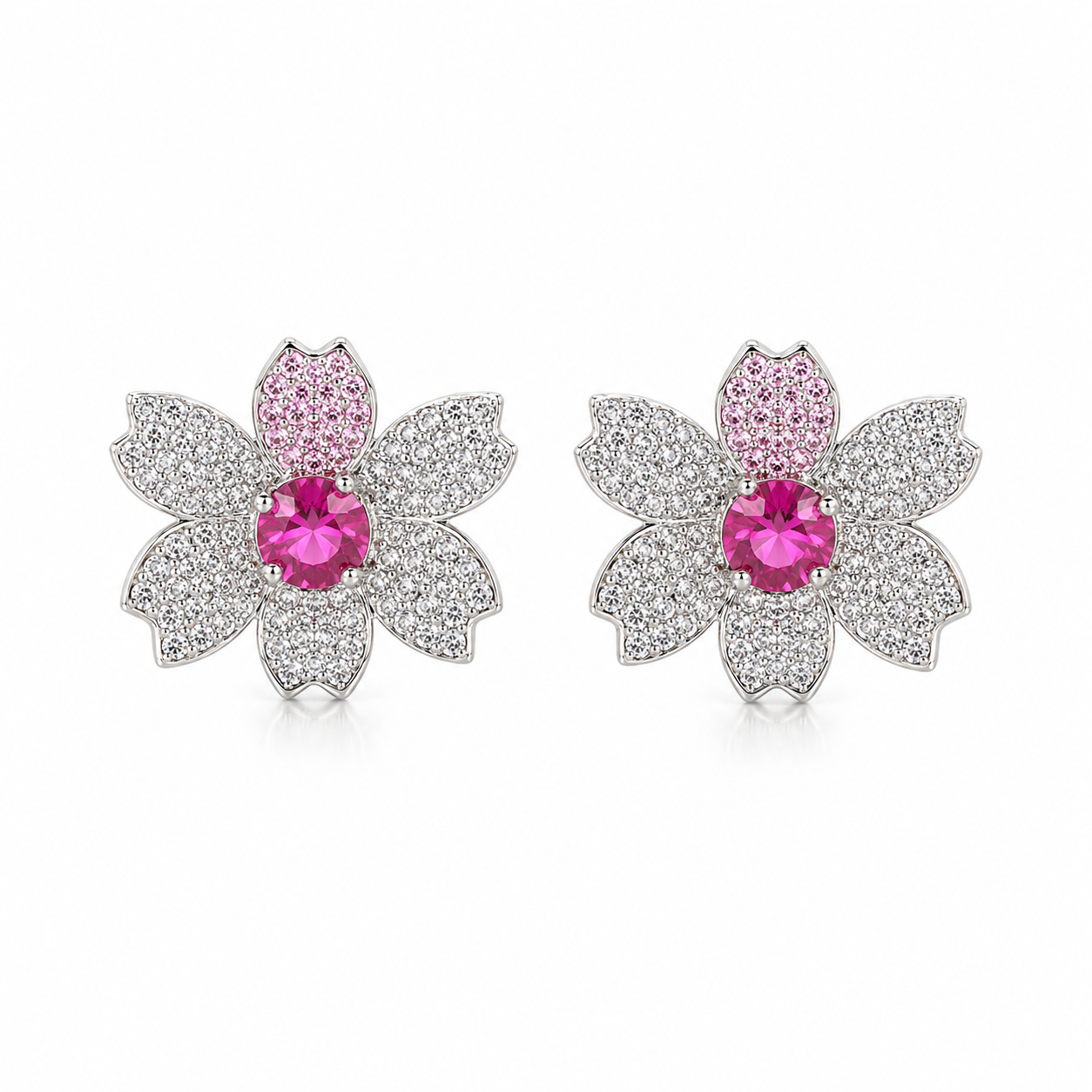 Sakura Bloom CZ Floral Stud Earrings | Pink & White Crystal Flower Earrings