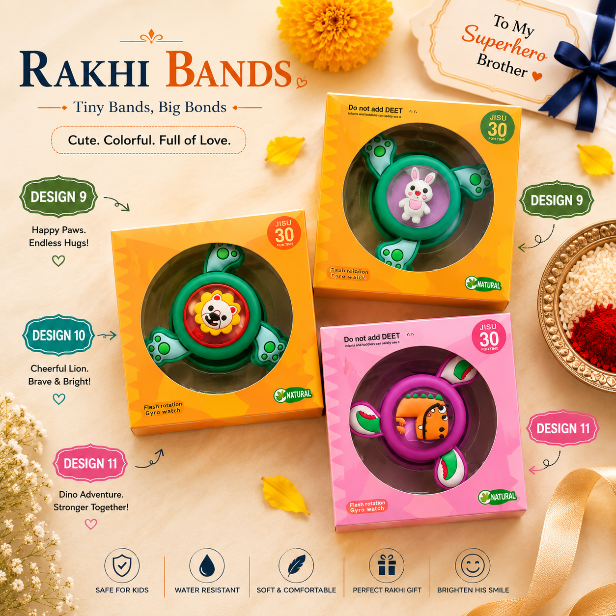 Three Rakhi Band gift boxes from Saffron Baby displayed on a beige background with decorative flowers, a ribbon, and text callouts for Design 9, 10, and 11. The boxes show colorful circular pet toys inside, and the top left reads 'RAKHI BANDS' with the tagline 'Tiny Bands, Big Bonds.