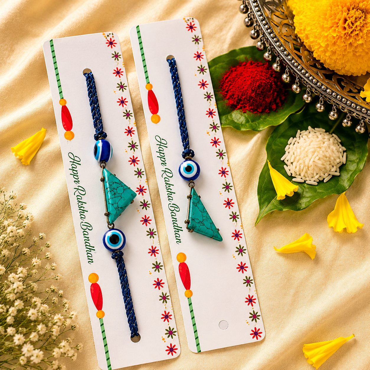 Turquoise Triangle Evil Eye Rakhi Set