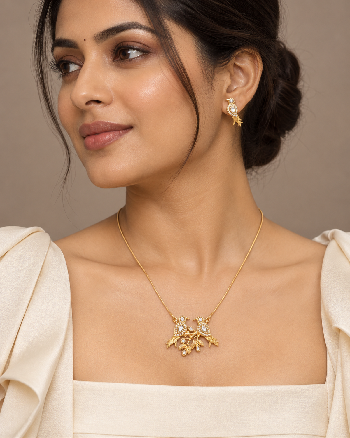Golden Pakshi Pendant Set worn styling view