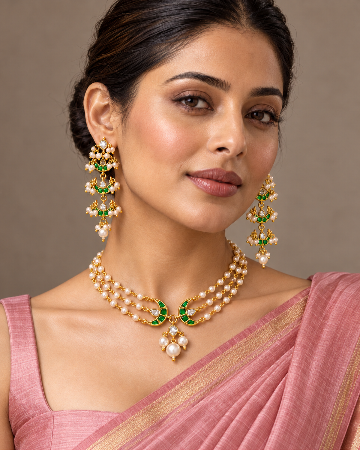 Green Chand Pearl Choker Set worn styling view