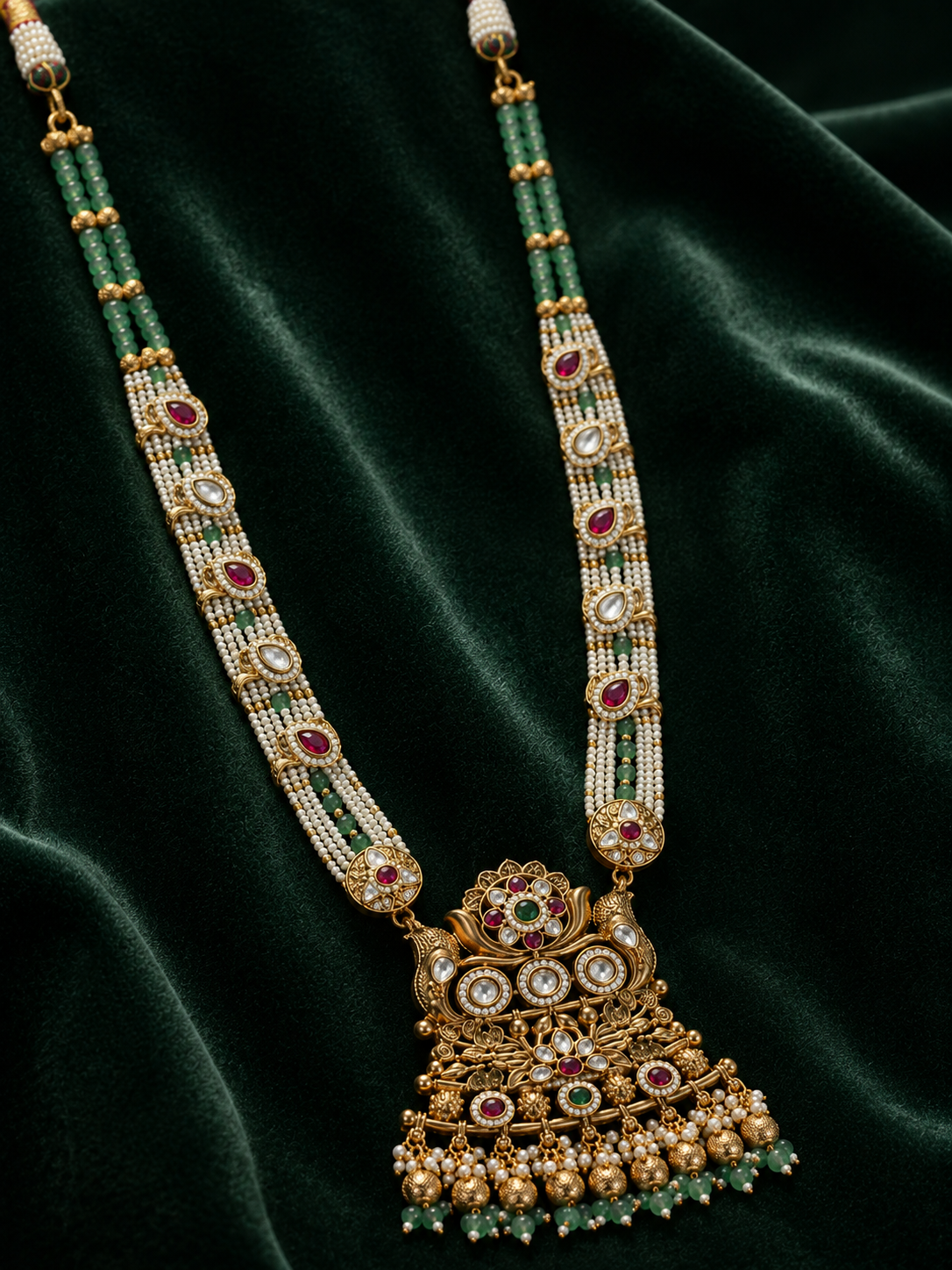 Rajnandini heritage Kundan long haar necklace with emerald green bead strands, pearl detailing and an ornate traditional pendant for weddings, festive occasions and silk sarees.