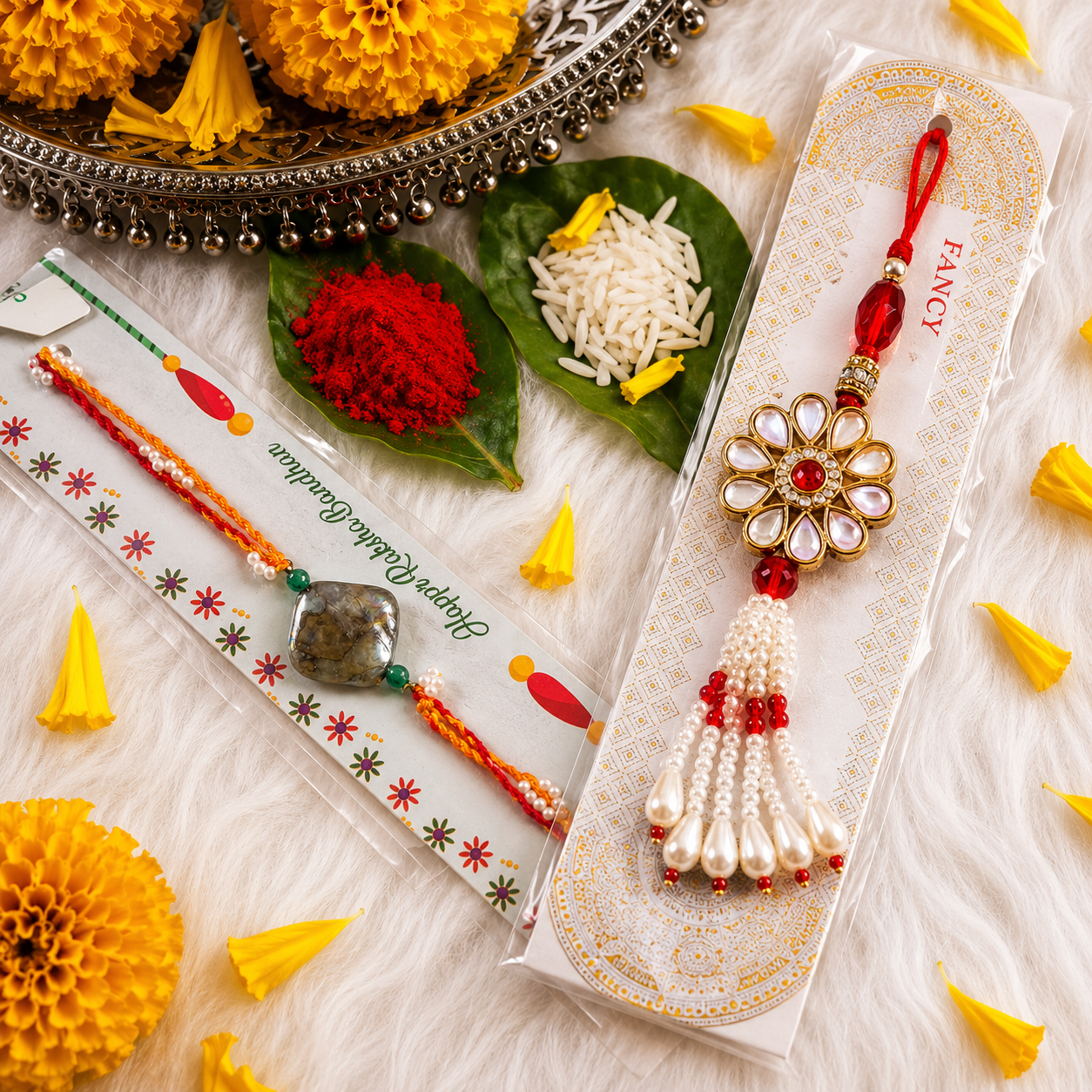Natural Stone & Floral Rakhi Combo | Premium Raksha Bandhan Set