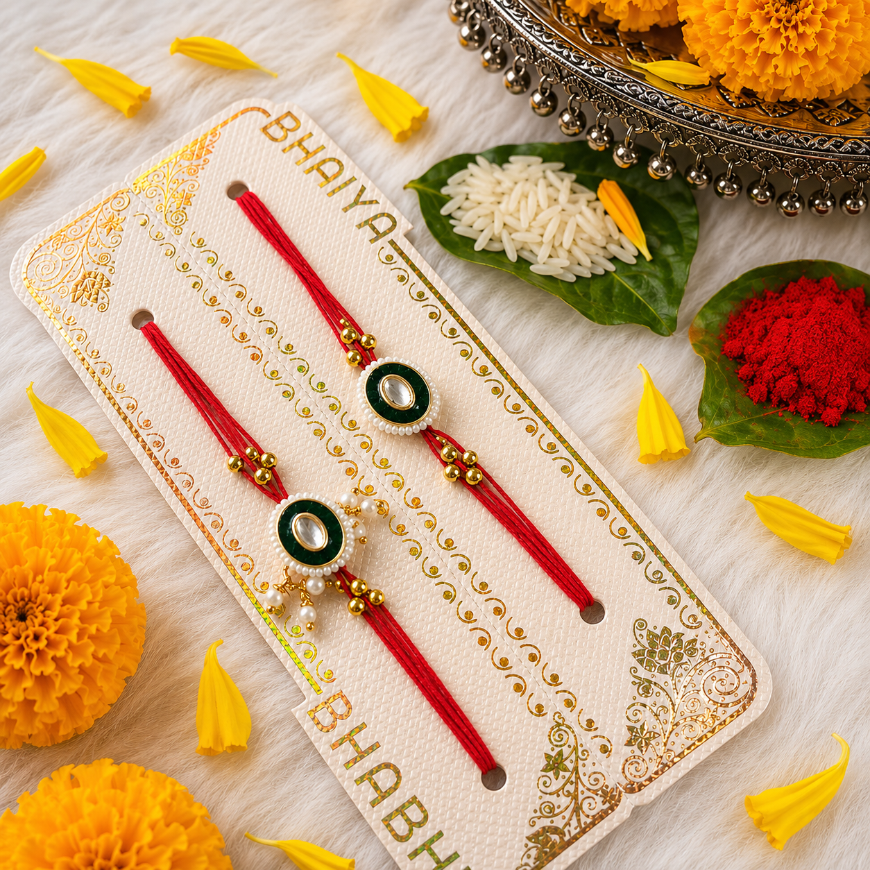 Emerald Kundan Bhai Bhabhi Rakhi Set