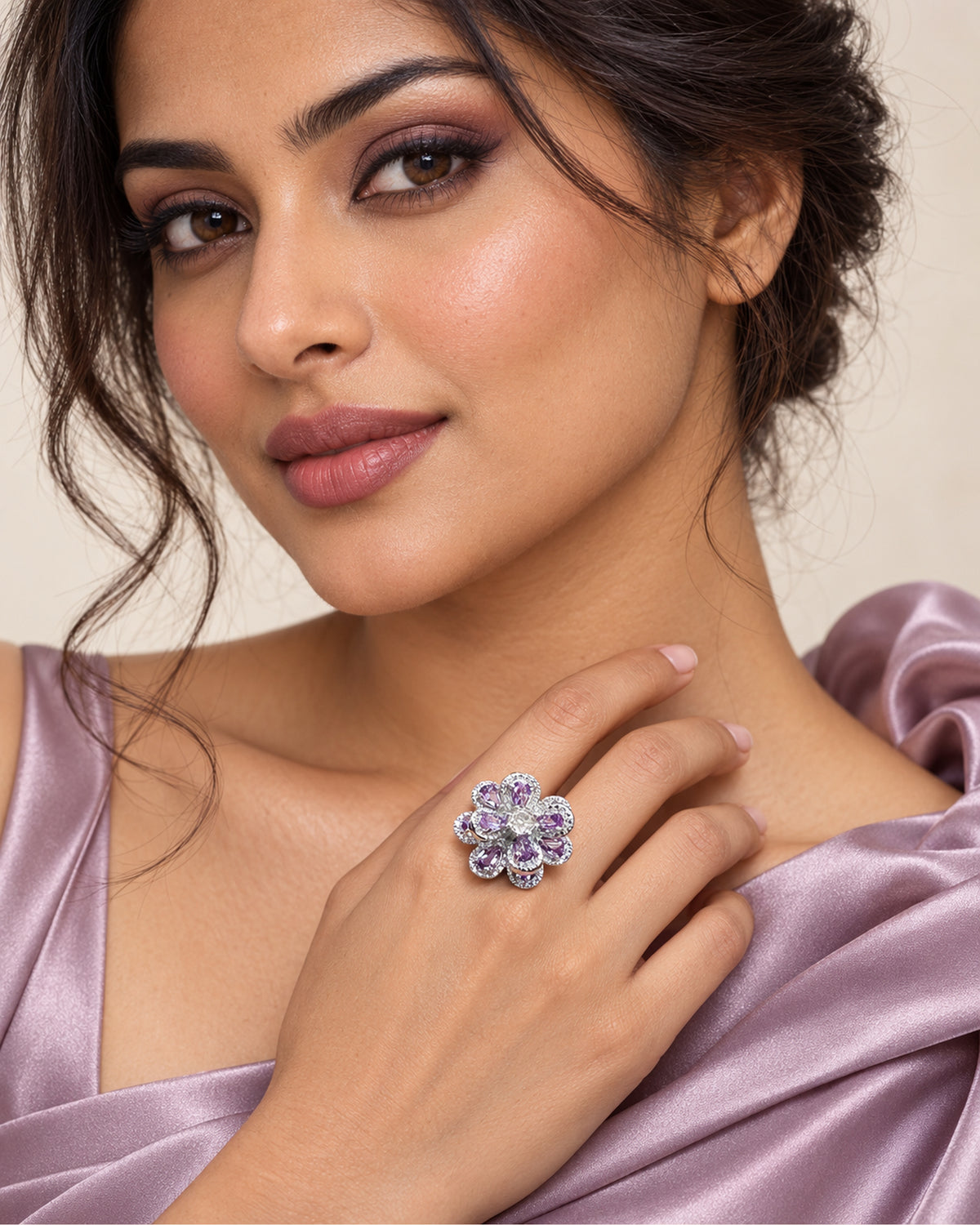 Lavender Flower Ring by PRISTYN Jewels, worn view