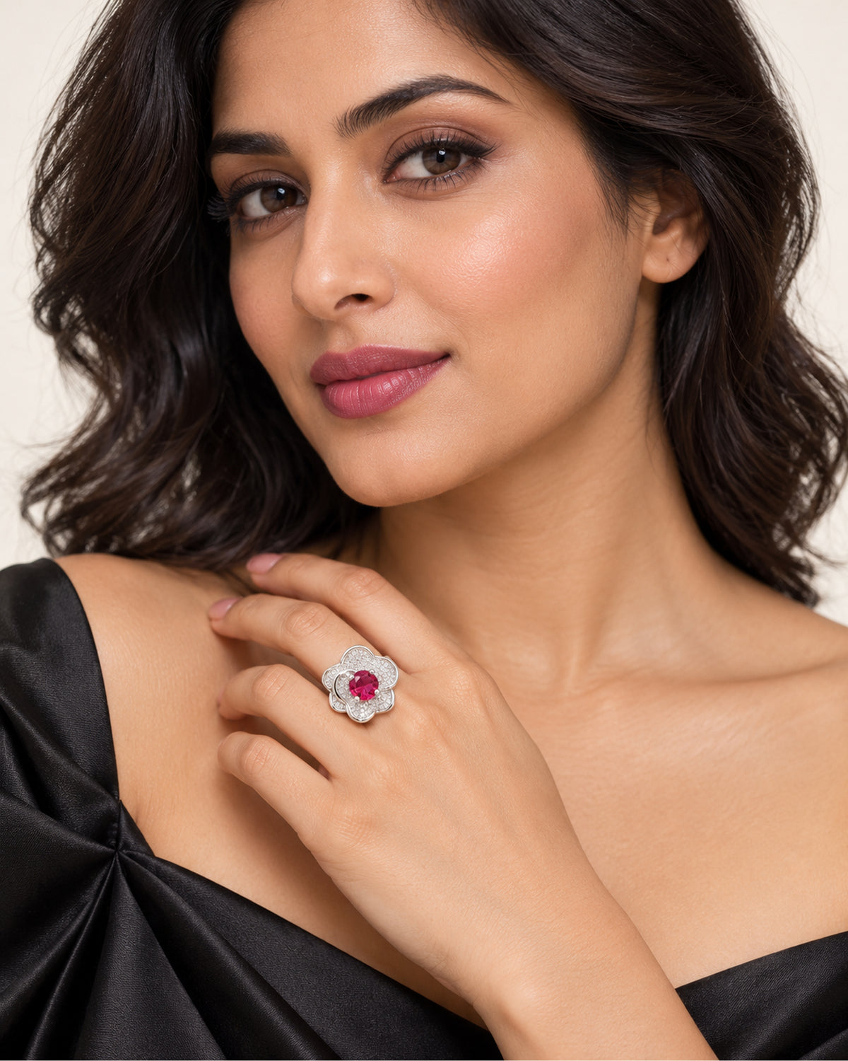 Raspberry Flower Ring by PRISTYN Jewels, worn view
