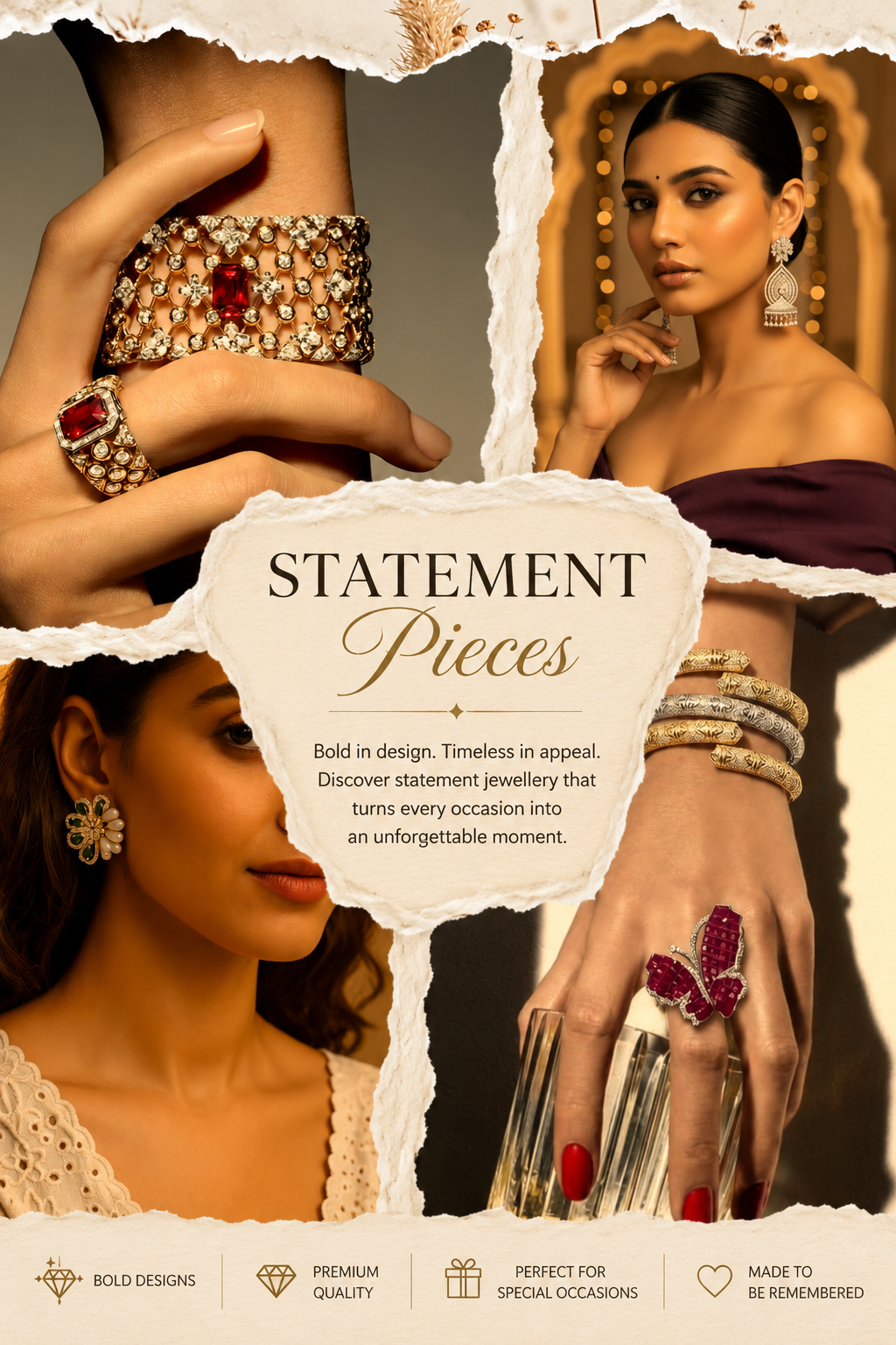 Statement jewellery collection featuring bold earrings, rings, bracelets and necklace sets designed to elevate special occasion and evening looks by PRISTYN Jewels.
