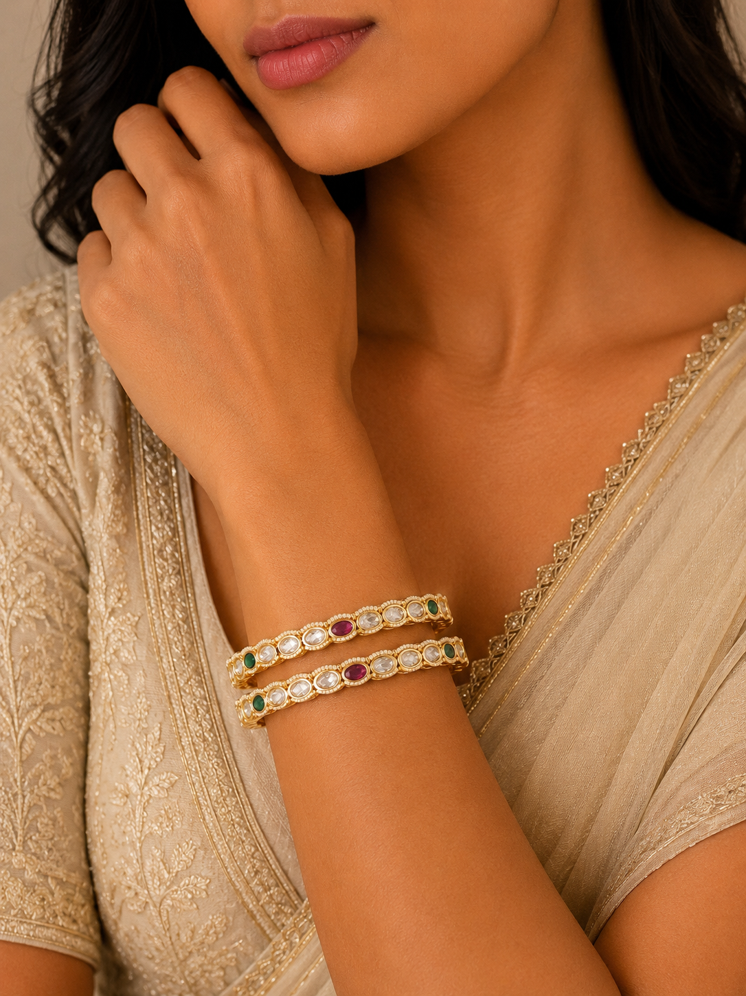 Bangles with Kundan Ruby & Green Stone