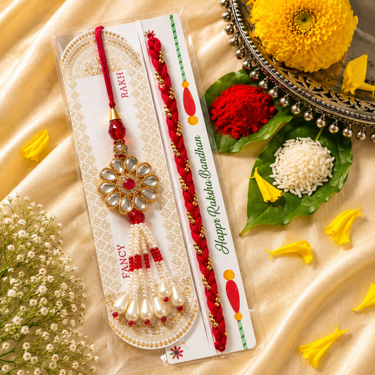 Elegant Floral Kundan Tassel Rakhi with Lumba Set