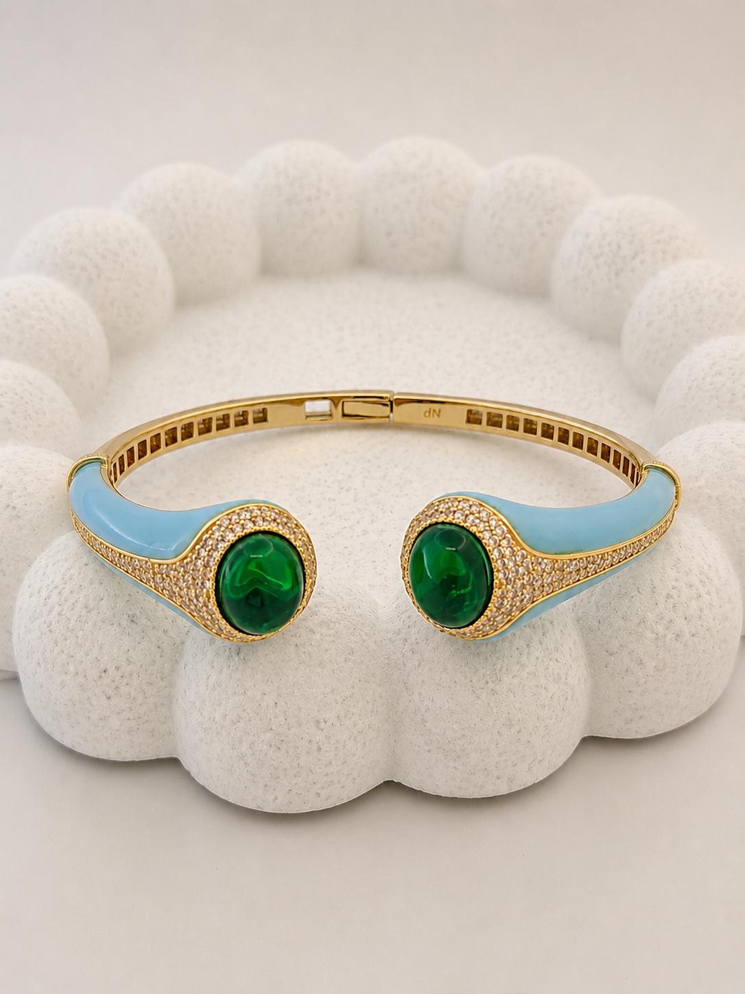 Turquoise Enamel Green Stone CZ Open Cuff