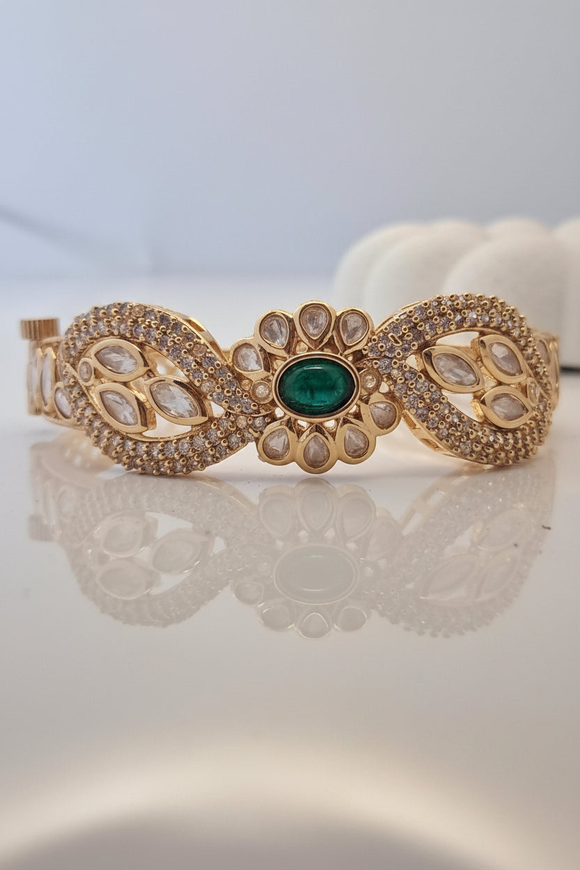 emerald green bracelet for women in gold polish, openable | pristyn jewels 