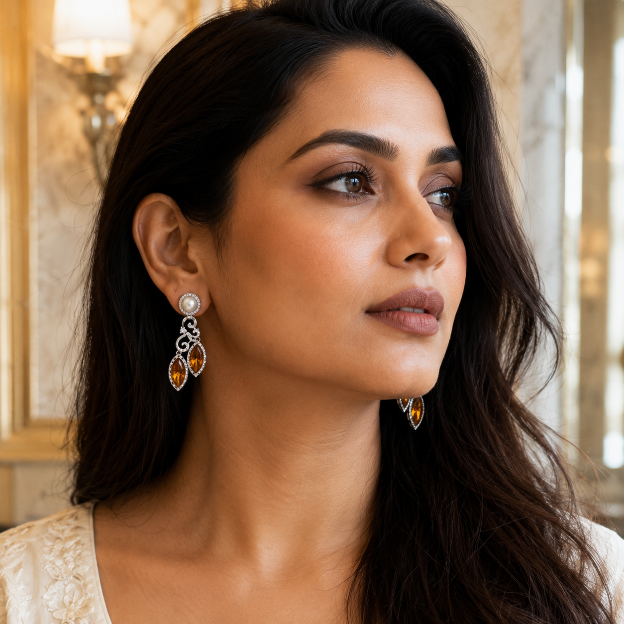 Aurelia Amber Pearl Statement Earrings | CZ Party Earrings | Wedding Guest Jewellery