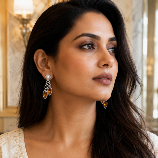 Aurelia Amber Pearl Statement Earrings | CZ Party Earrings | Wedding Guest Jewellery