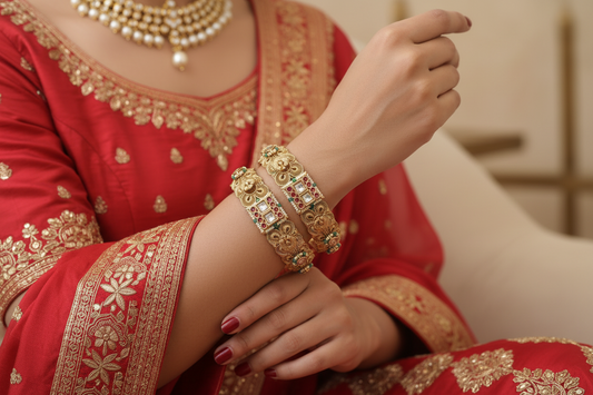 Person wearing a red traditional outfit with gold embroidery, gold jewelry including a necklace, bangles, and rings.