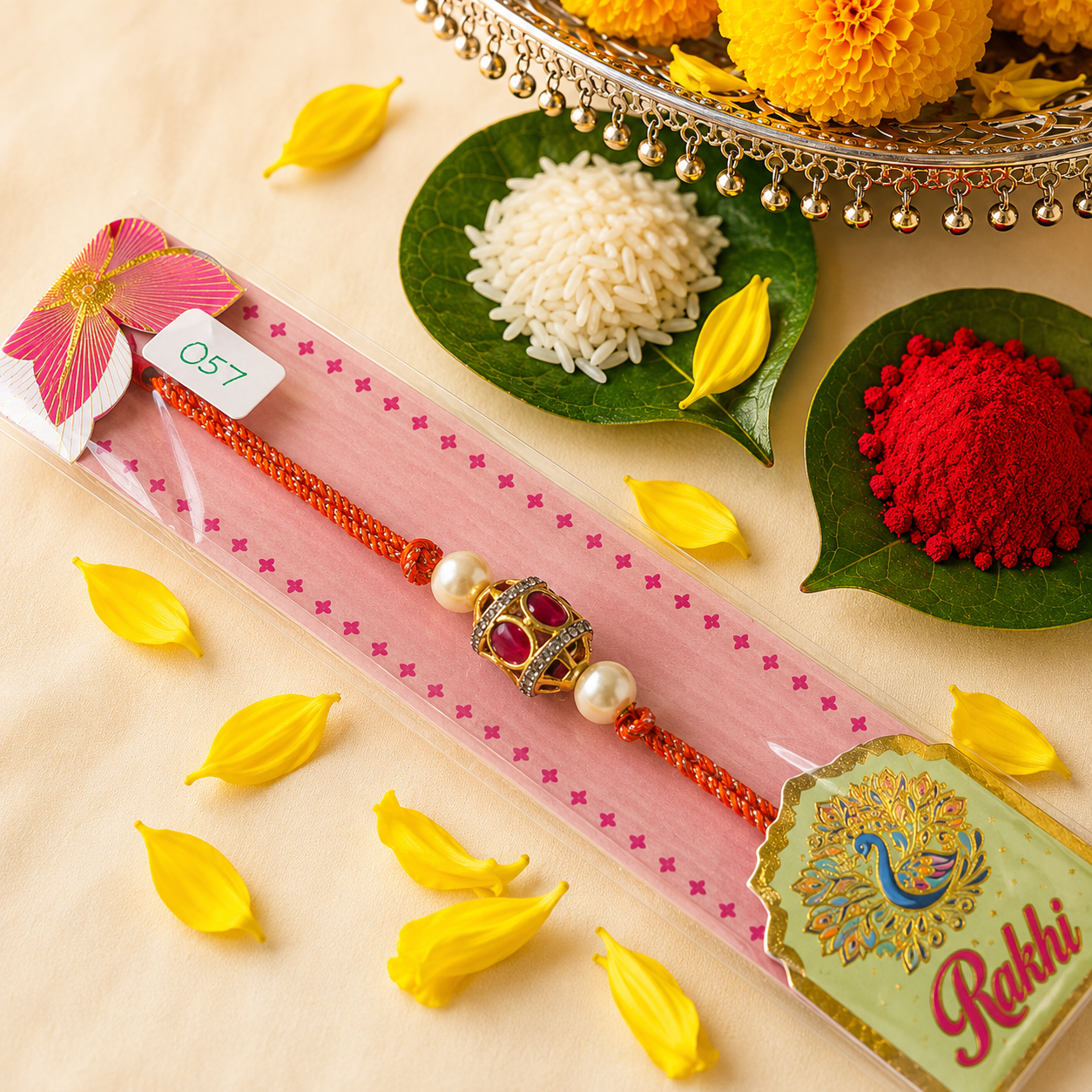 A packaged Rakhi with a red cord, a decorative central ornament, and pearl-like beads, displayed on a pink card with a floral bow. The package is photographed on a beige surface with yellow flower petals, rice, red powder, and green leaves around it.