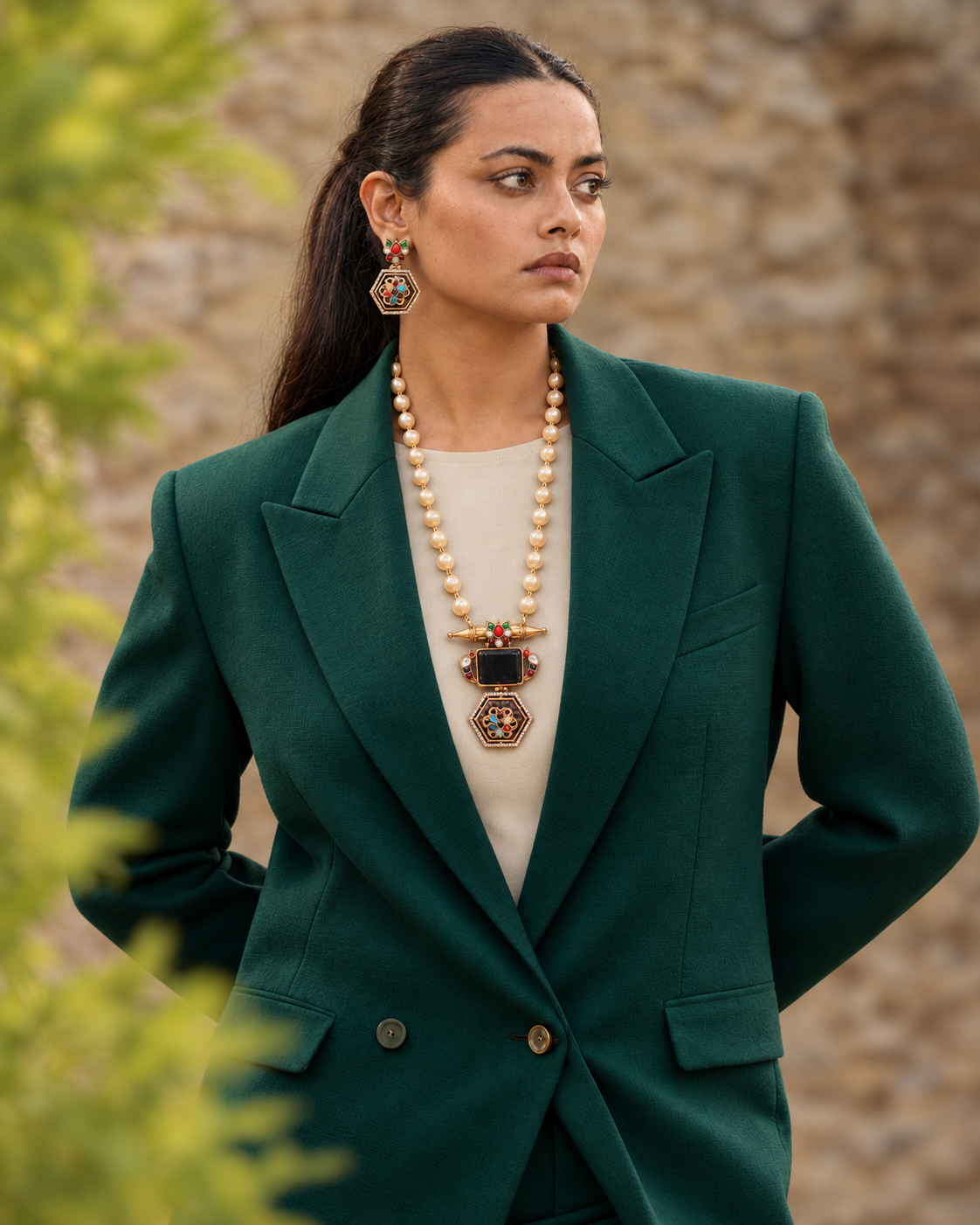 A woman wearing a dark green tailored blazer over a cream top, styled with a long cream bead necklace and matching earrings, set against a blurred stone wall background.