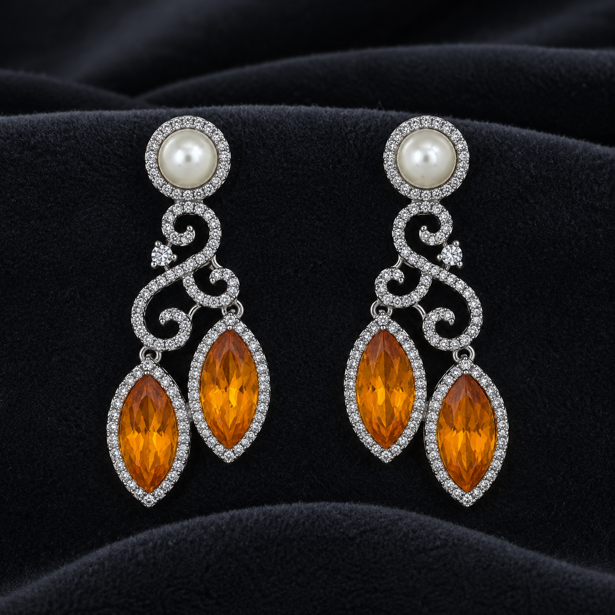 Aurelia Amber Pearl Statement Earrings | CZ Party Earrings | Wedding Guest Jewellery