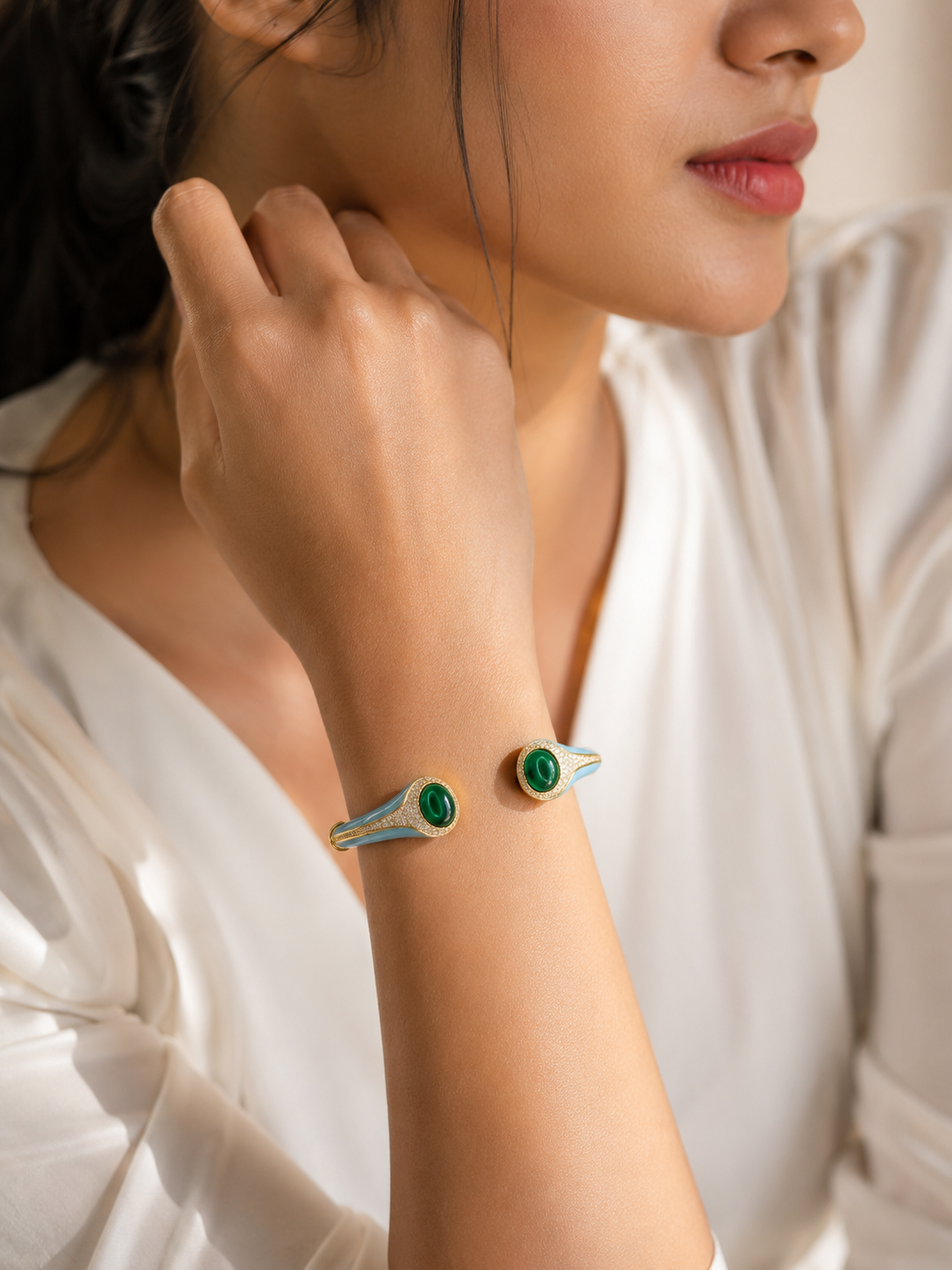 Turquoise Enamel Green Stone CZ Open Cuff