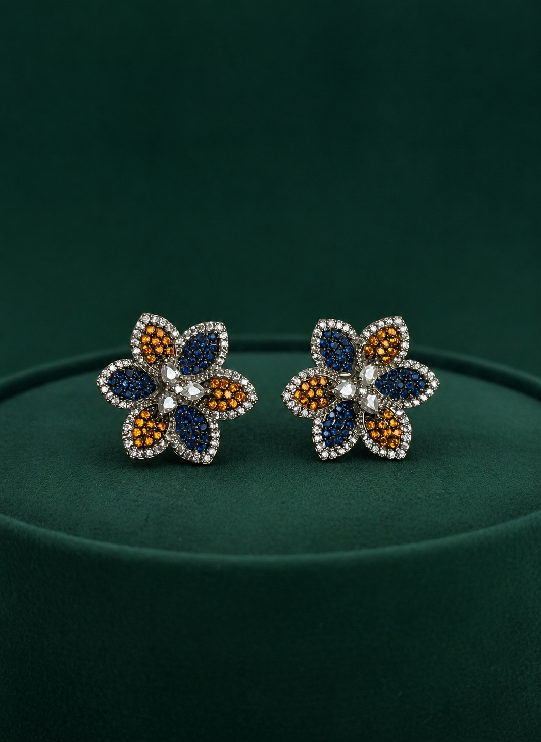 Blue & Amber Floral CZ Stud