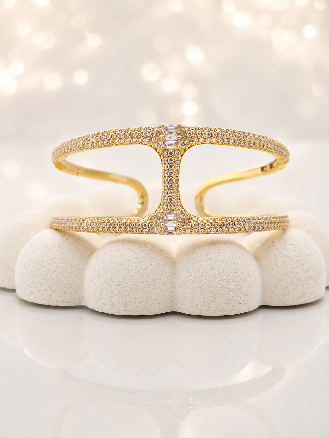 Gold Double Line CZ Open Cuff