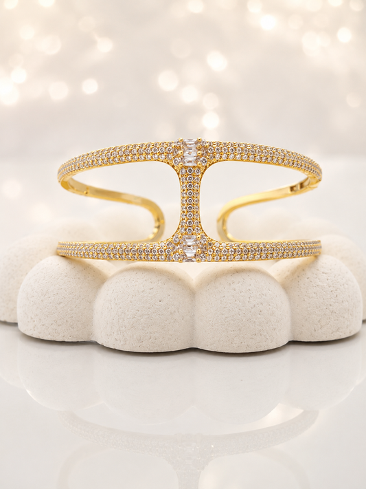 Gold Double Line CZ Open Cuff