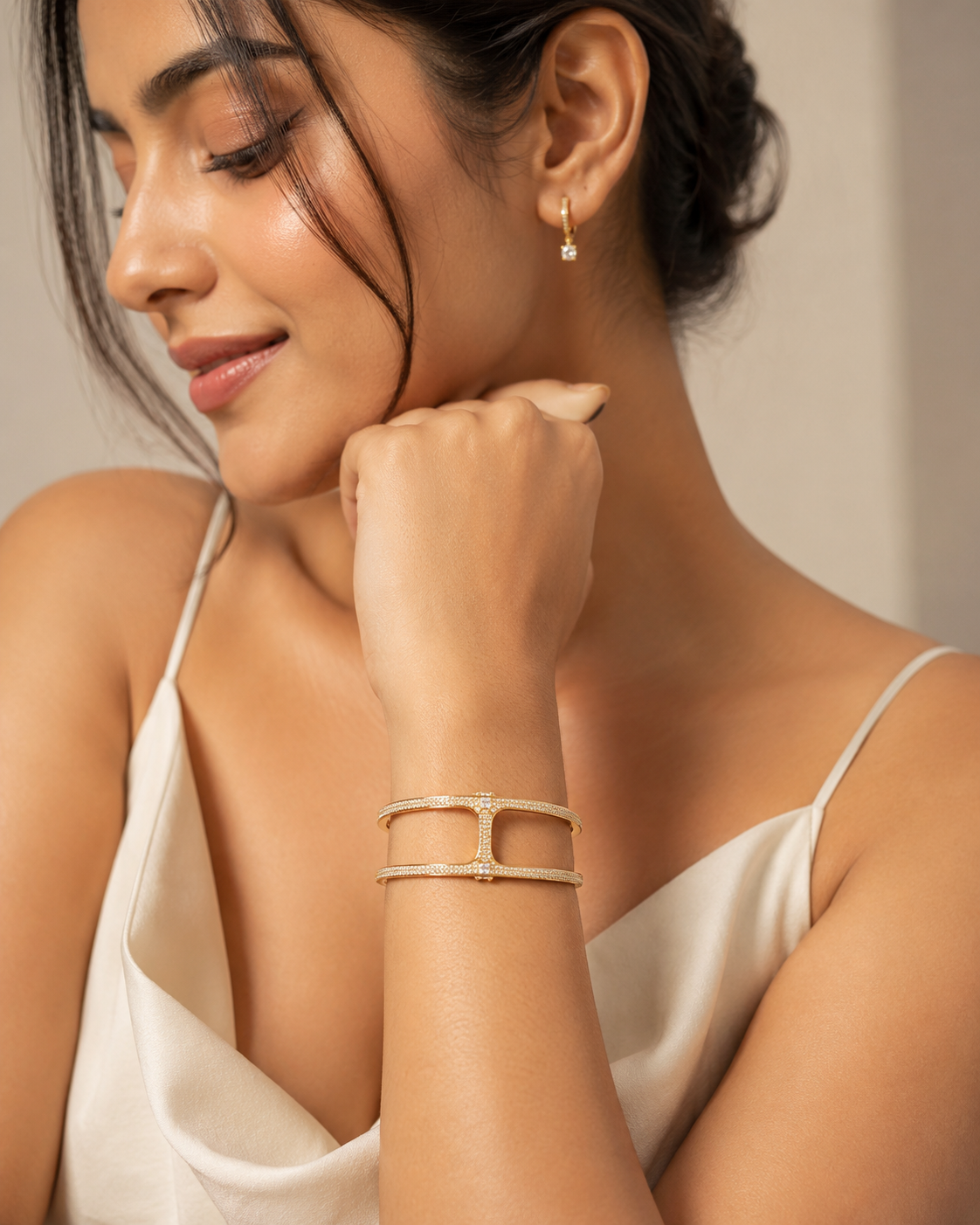 Gold Double Line CZ Open Cuff