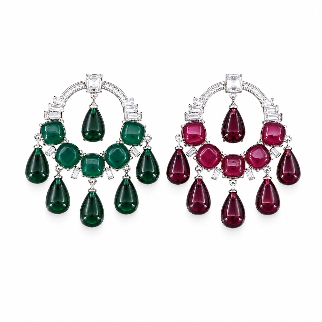 Aarohi Semi-Precious Chandelier Earrings | Emerald Green &amp; Ruby Red Statement Earrings