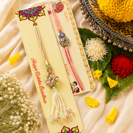 Pastel Crystal Tassel Rakhi &amp; Evil Eye Rakhi Set