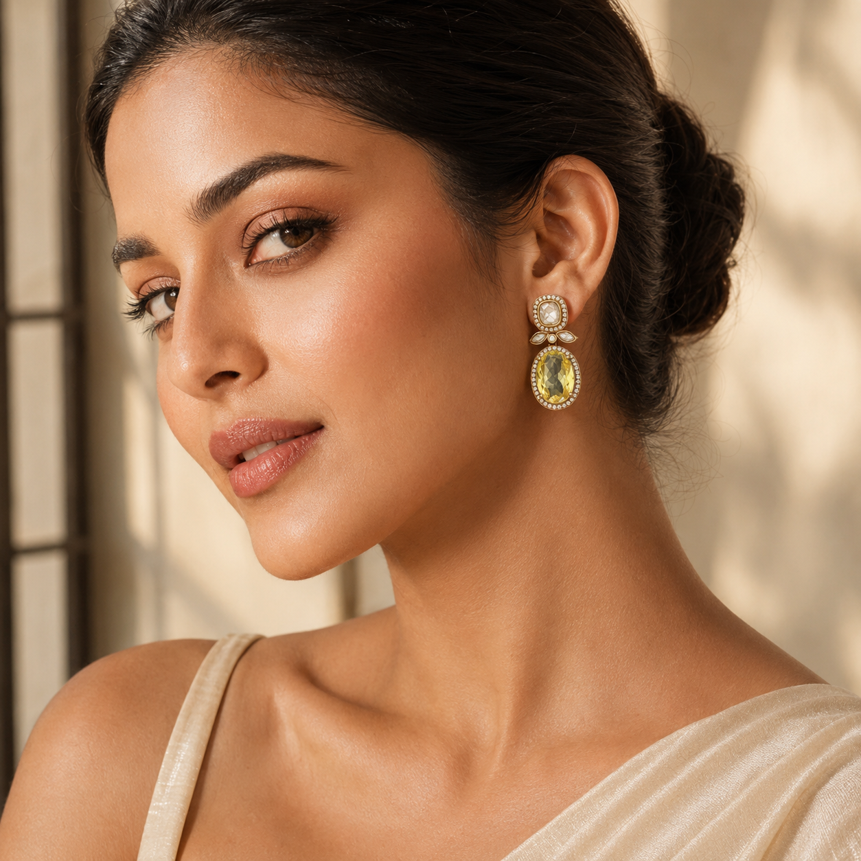 Zaria Lemon Quartz Statement Earrings | Gold-Tone CZ Party Earrings