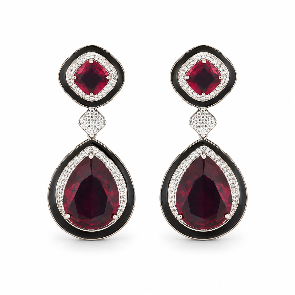 Celestia Ruby Noir Drop Earrings | Black Enamel CZ Statement Earrings
