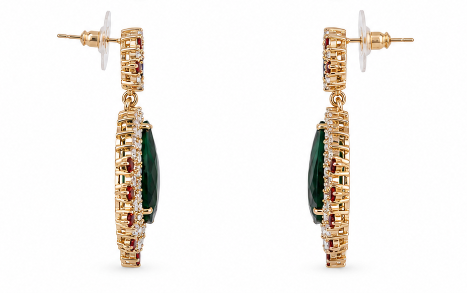 A pair of gold-plated drop earrings with teardrop-shaped green emerald-cut stones, surrounded by small clear crystals and accented with round red and oval purple stones, shown against a plain white background.