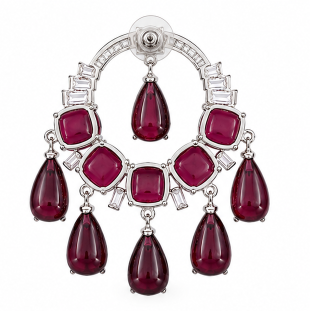 Four pairs of earrings displayed on a white background: two chandelier-style drop earrings with green stones at the top left, two chandelier-style drop earrings with red stones at the top right, and two matching dangle earrings with green stones at the bottom left, and two matching dangle earrings with red stones at the bottom right.