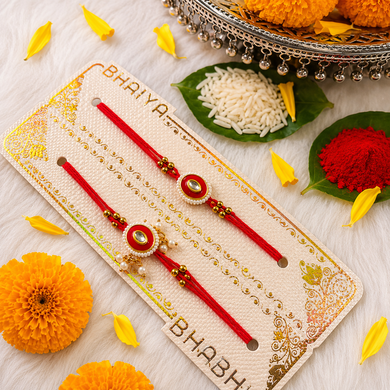Red Kundan Bhai Bhabhi Rakhi Set