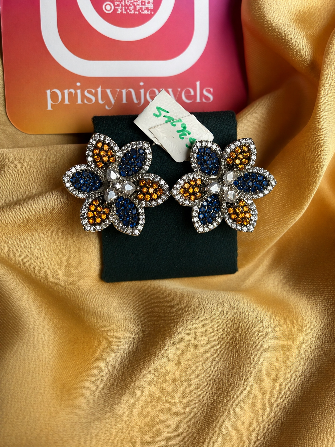 Blue & Amber Floral CZ Stud