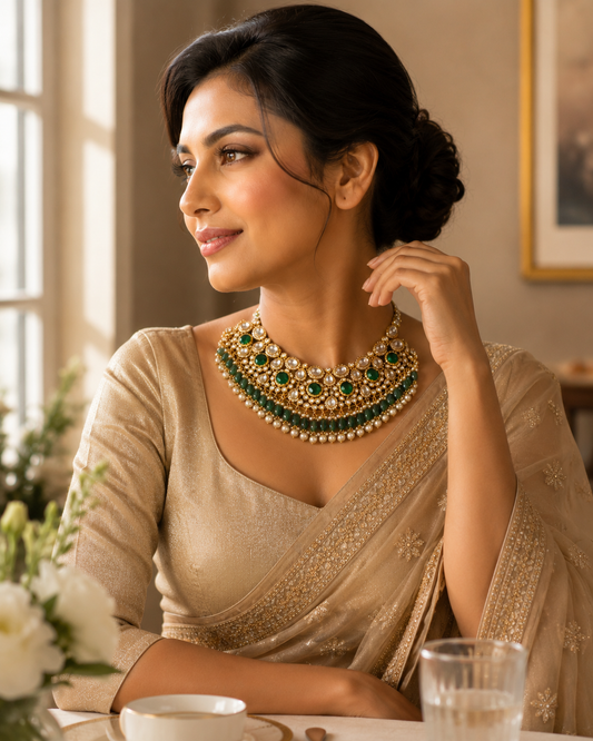 Aadhira emerald Kundan bridal choker featuring handcrafted kundan stones, emerald-green accents and pearl detailing for weddings, bridal wear, sarees and lehengas.

This follows your PRISTYN format of Brandable Product Name | SEO Product Type, while keeping the description styling-first and aspirational, aligned with your customer avatar and brand voice.