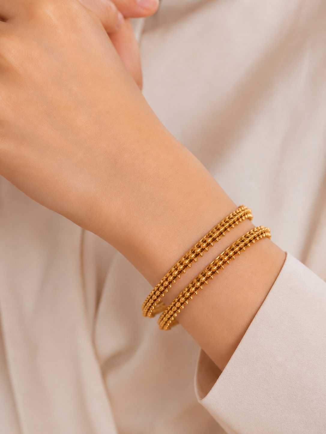 Textured Gold Bead Edge Bangles Pair