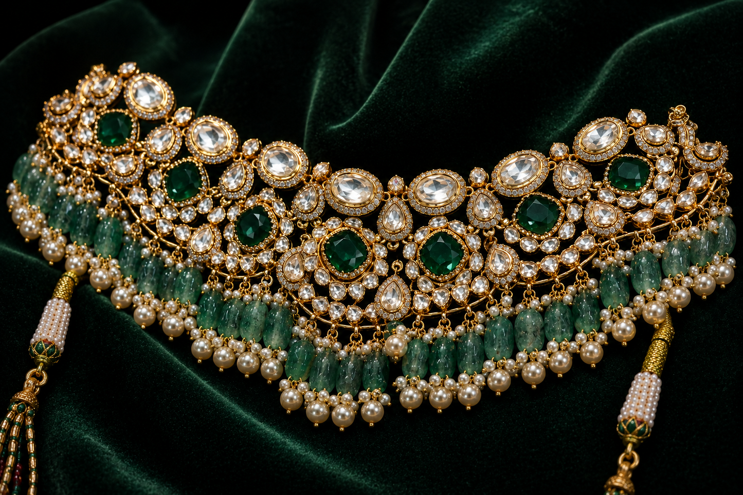 Emerald Kundan bridal choker with pearl detailing and handcrafted traditional design. Perfect for weddings, receptions, festive occasions, sarees and lehengas.