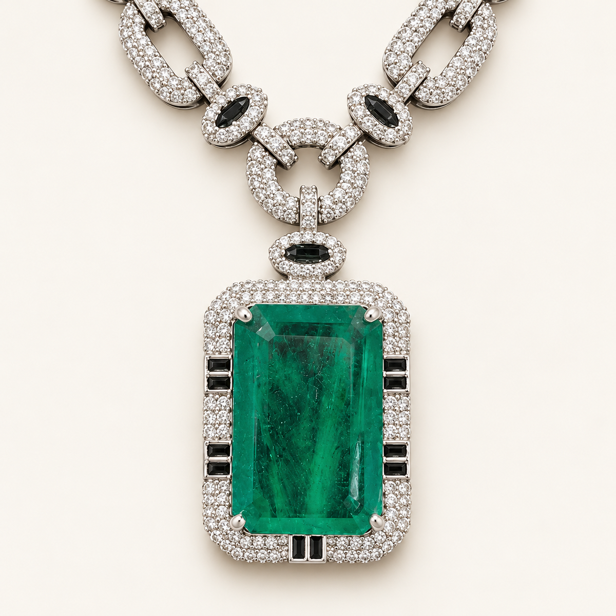 A luxury pendant necklace featuring a large rectangular emerald-cut green gemstone surrounded by a double halo of small Cubic Zircon Triple "A" Quality, with black rectangular accent stones and a matching chain of pavé-set links on a light cream background.