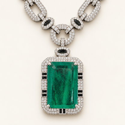 A luxury pendant necklace featuring a large rectangular emerald-cut green gemstone surrounded by a double halo of small Cubic Zircon Triple "A" Quality, with black rectangular accent stones and a matching chain of pavé-set links on a light cream background.