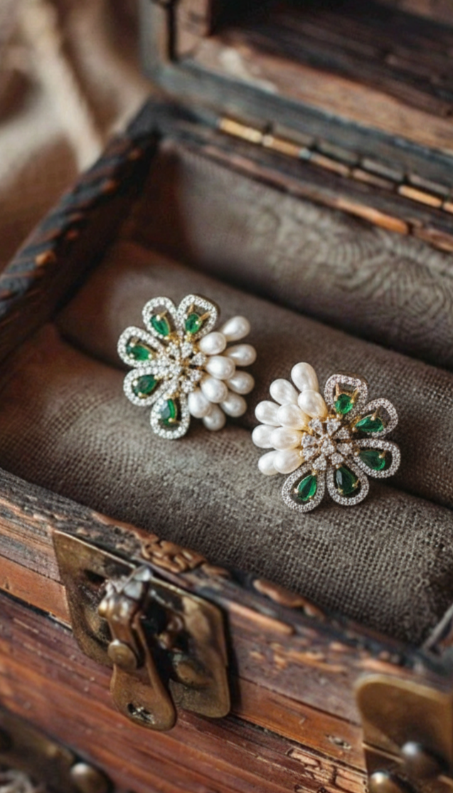 Floral earrings with green gemstones in a wooden jewelry box