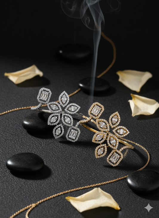 Ornate gold and silver headpiece on a dark surface with incense and petals.