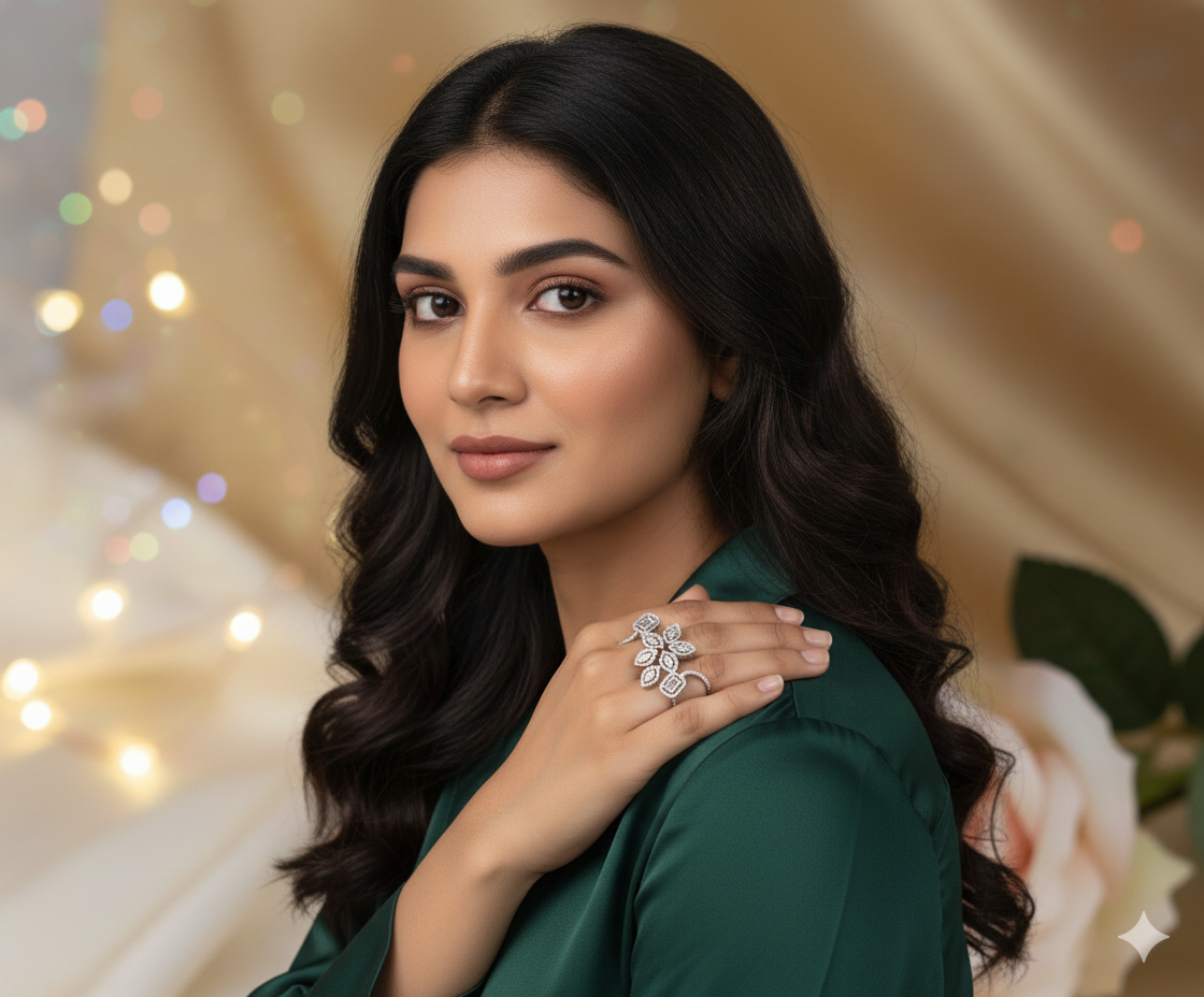 Woman wearing a diamond ring with a blurred festive background