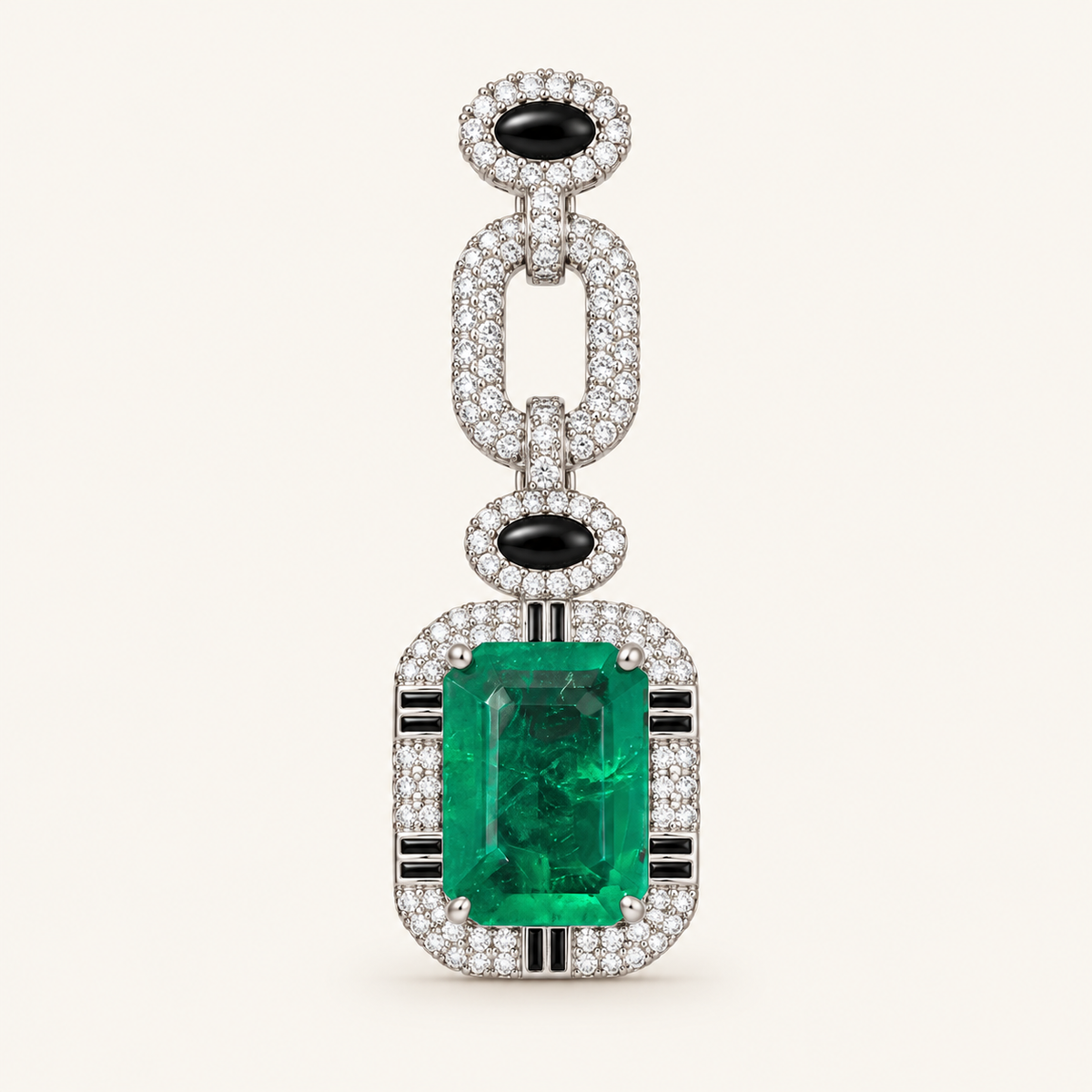 An elegant drop earring featuring a large emerald-cut green ruby center stone, surrounded by a halo of small Cubic Zircon Triple "A" Quality, with black and white striped accents, and three interlocking oval links at the top set with round black and Cubic Zircon Triple "A" Quality, all on a light cream background.