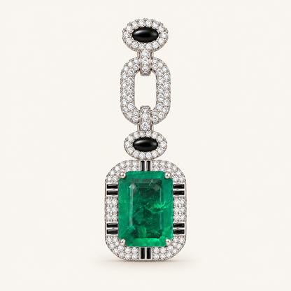 An elegant drop earring featuring a large emerald-cut green ruby center stone, surrounded by a halo of small Cubic Zircon Triple "A" Quality, with black and white striped accents, and three interlocking oval links at the top set with round black and Cubic Zircon Triple "A" Quality, all on a light cream background.
