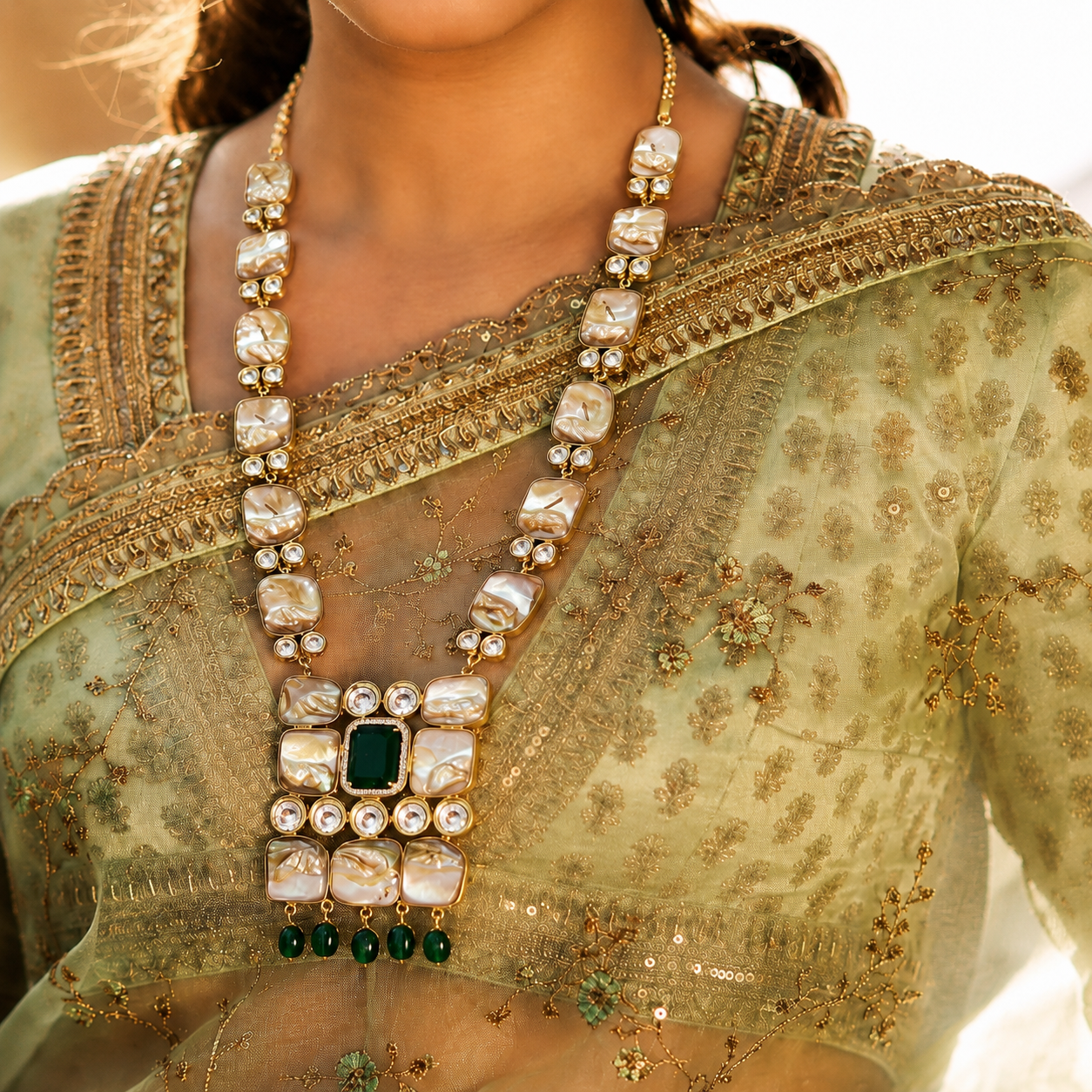 A close-up of a model wearing a traditional Indian outfit, featuring a detailed gold and silver necklace with a central green stone and white stone embellishments, paired with a light green embroidered blouse.