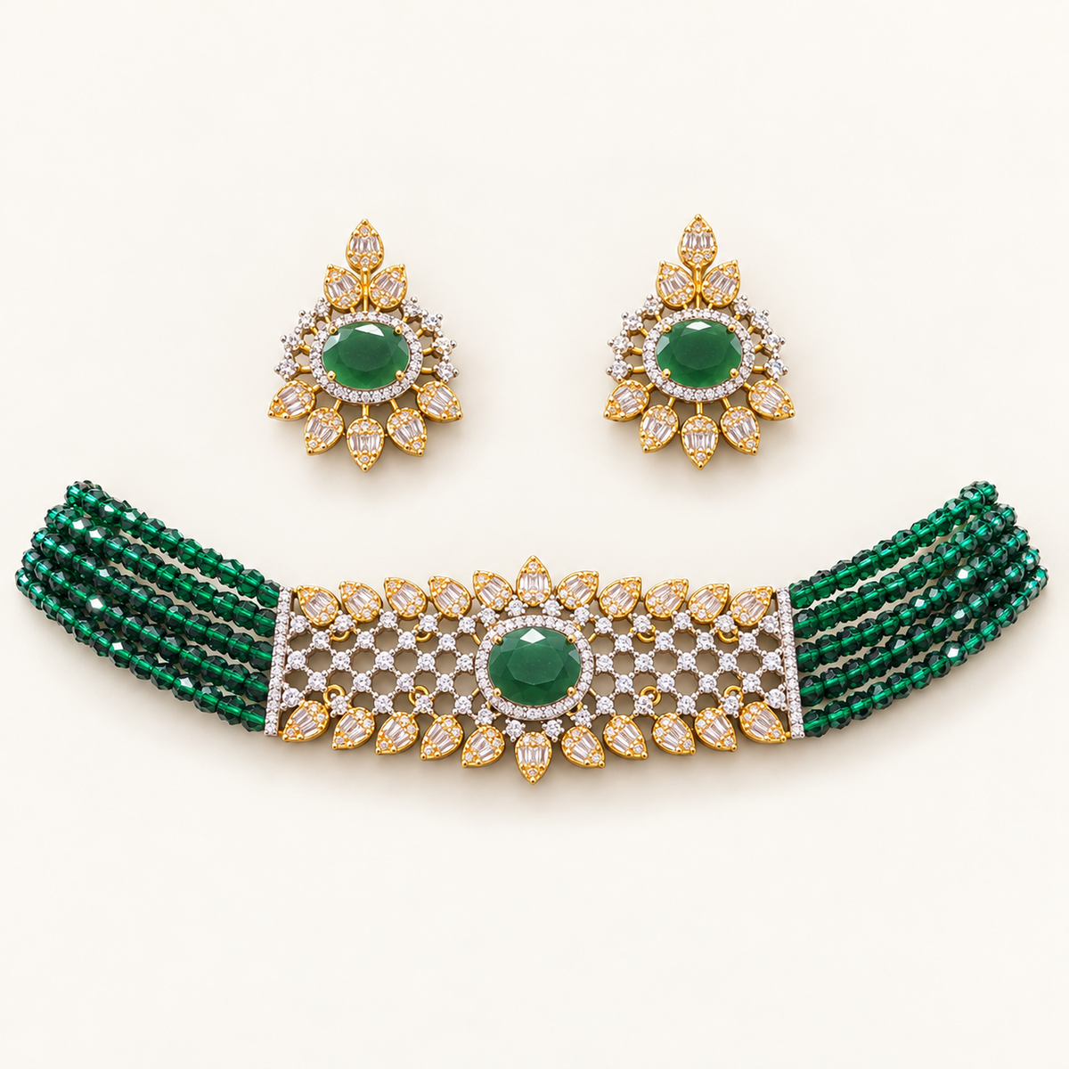 Green Pallavi Crystal Choker Set jewellery product view