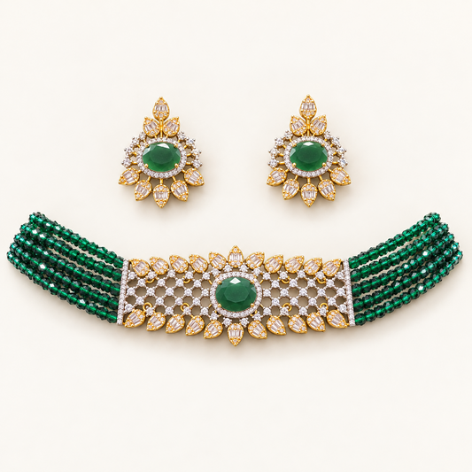 Green Pallavi Crystal Choker Set jewellery product view