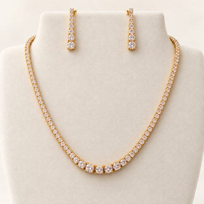 Golden Tara Tennis Set, graduated Cubic Zircon Triple "A" Quality necklace with matching drop earrings