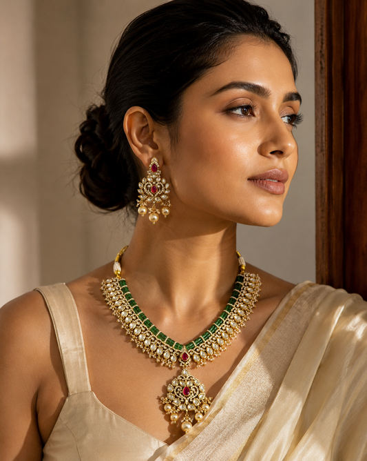 Emerald green Kundan bridal necklace set with ruby accents, pearl drops and matching statement earrings for weddings, bridal wear, sarees and lehengas.
