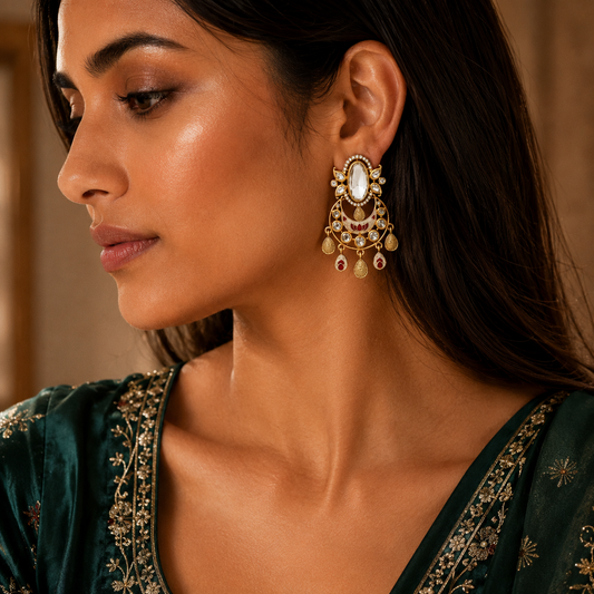 Vanya Emerald Chandbali Earrings || Kundan Statement Earrings | PRISTYN Jewels